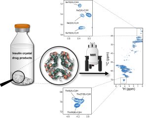 Diagram illustrating the use of solid‑state NMR to compare commercial insulin crystal products. On the left is a vial labeled "Insulin crystal drug products" with a magnifying glass showing crystalline material. In the center is a structural model of insulin and an NMR magnet icon. On the right is a blue 2D 1H–13C correlation spectrum with contour peaks. Two zoom‑in panels show expanded regions of the map with labeled Ile and Thr cross‑peaks.